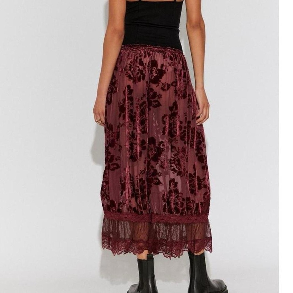 Free People Burgundy Velvet Floral Wide-Leg Lace Trim Pants - Picture 2 of 5